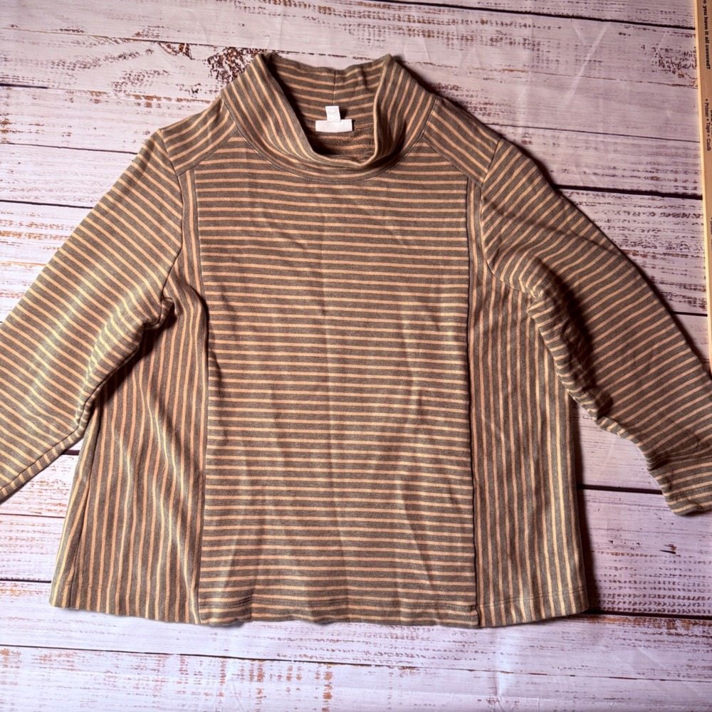 J. Jill Women XL Petite Brown Orange Striped 100% Cotton Funnel Neck Top